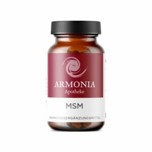 Braune Glasflasche mit schwarzem Deckel und rotem Etikett, beschriftet mit 'ARMOIA Apotheke MSM' und Hinweis auf Nahrungsergänzungsmittel.
