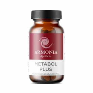 Brauner, runder Glasbehälter mit schwarzem Deckel, etikettiert mit "Metabol Plus" von Armonia Apotheke.
