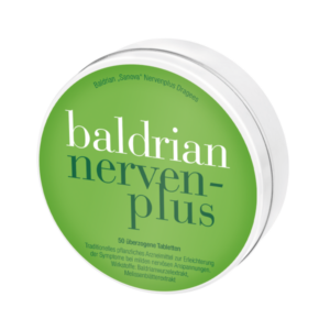 Runde Dose mit dem Aufdruck 'baldrian nerven-plus', enthält überzogene Tabletten zur Beruhigung bei Nervosität.