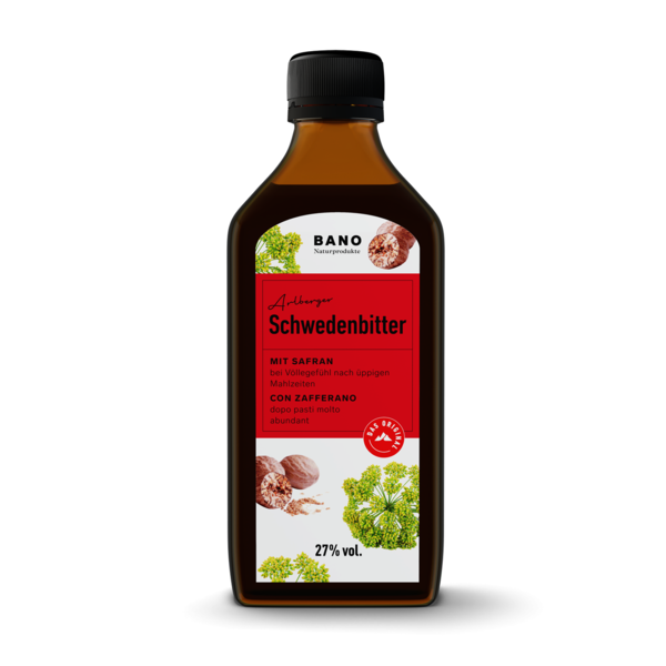 Flasche mit Schwedenbitter von BANO, hervorgehoben mit roter Etikettierung und Informationen zu Inhaltsstoffen und Verwendung.