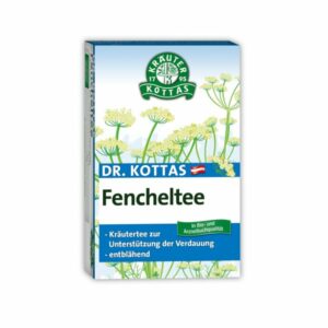 Verpackung von Dr. Kottas Fencheltee, mit einem Bild von Fenchelblüten und Informationen zur Verdauungsunterstützung.
