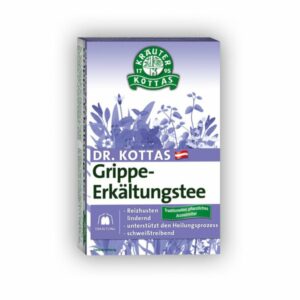 Verpackung des Dr. KOTTAS Grippe-Erkältungstees, blau mit Kräuterillustrationen und Beschreibung der Wirkungen.