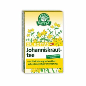 Verpackung von Dr. Kottas Johanniskrauttee mit gelben Blumen, Hinweis auf traditionelle Anwendung gegen Erschöpfung.