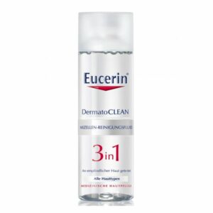 Eucerin DermatoCLEAN Mizellen-Reinigungsfluid in transparenter Flasche mit weißem Deckel, für empfindliche Haut geeignet.