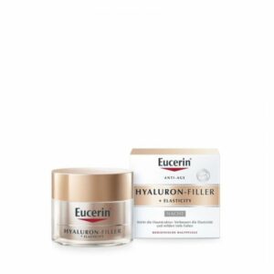 Hyaluron-Filler Nachtcreme von Eucerin in einer Glastiegelverpackung neben der entsprechenden Kartonverpackung.