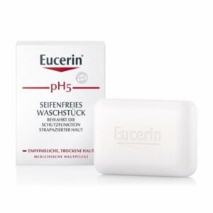 Eucerin pH5 seifenfreies Waschstück in weißer Verpackung, geeignet für empfindliche, trockene Haut.