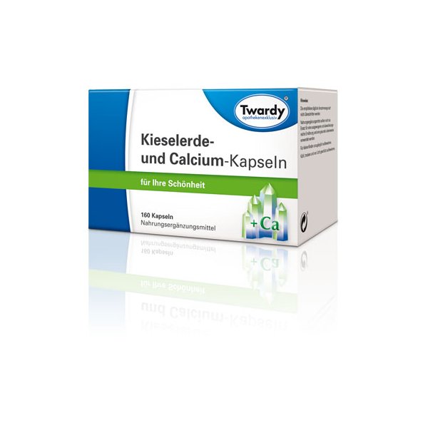 Verpackung von Twardy Kieselerde- und Calcium-Kapseln, die für Schönheitspflege beworben werden.