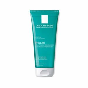 Tubengriff mit grün-blauer Verpackung, beschriftet mit "Effaclar Mikro-Peeling Reinigungsgel" von La Roche-Posay.