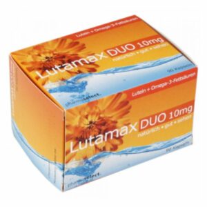 Verpackung von Lutamax DUO 10mg, einer Nahrungsergänzung mit Lutein und Omega-3-Fettsäuren, in buntem Design.