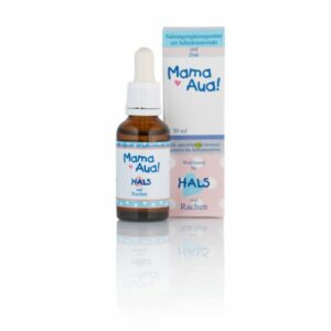 Braune Flasche mit Tropfer, beschriftet mit "Mama Aua! Hals und Rachen", begleitet von einer Verpackung mit blauen und rosa Elementen.