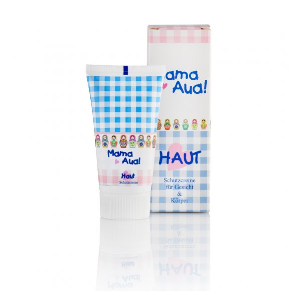 Eine Tubenverpackung von Schutzcreme für Gesicht und Körper mit blau-weißem Karo-Muster und bunten Matroschka-Motiven.