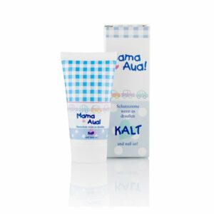 Squeeze-Tube mit blauer karierten Verpackung, enthält Schutzcreme für empfindliche Haut bei kaltem Wetter.