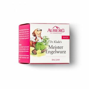 Packung mit Balsam für die Nase, mit einem lustigen Illustrationsmotiv und der Aufschrift 'Meister Engelwurz'.
