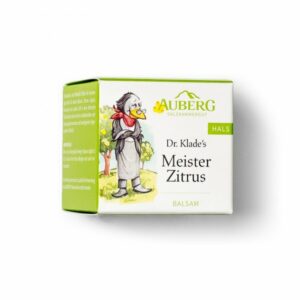 Verpackung eines Balsams mit farbenfrohem Design, zeigt eine cartoonhafte Figur mit Zitrusfrüchten im Hintergrund.