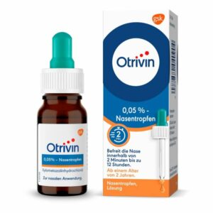 Braune Tropfflasche mit grüner Pipette für Otrivin 0,05 % Nasentropfen und einer Verpackung mit Anwendungshinweisen.