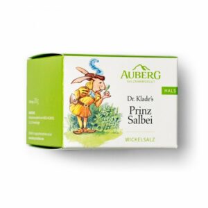 Verpackung von Dr. Klade's Prinz Salbei Wickelsalz mit einer illustration eines Prinzen und Salbeipflanzen.