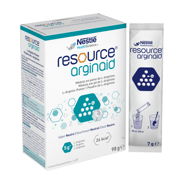 Verpackung von Nestlé resource arginaid, einem L-Arginin-Pulver mit neutraleem Geschmack und Dosieranleitung auf dem Beutel.