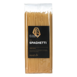 Verpackung mit Bio-Spaghetti aus Ur-Dinkel, beschriftet mit dem Namen Hildegard von Bingen.