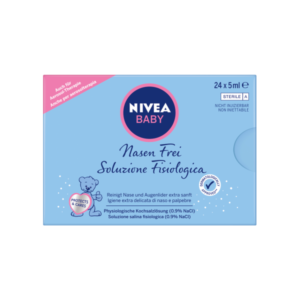 Verpackung von Nivea Baby Nasenfrei, eine sterile physiologische Kochsalzlösung in kleinen Ampullen.