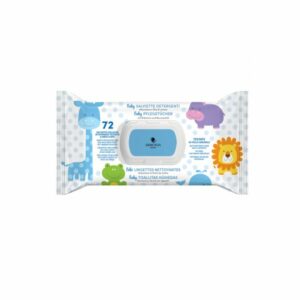 Verpackung von Baby-Pflegetüchern mit bunten Tiermotiven und einem Blauen Behälter für feuchte Tücher.