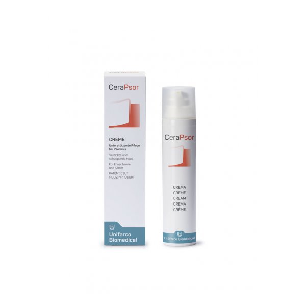 CeraPsor Creme in einer weißen Sprühflasche mit Umverpackung, unterstützt die Pflege bei Psoriasis.