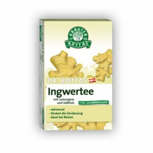 Verpackung von Dr. Kottas Ingwertee mit Lemongras und Süßholz, hellgrüner Hintergrund, feine grafische Ingwerillustrationen.