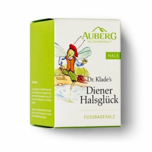 Verpackung von Dr. Klade's Fußbadesalz "Diener Halsglück" mit farbenfroher Illustration eines Sprites.