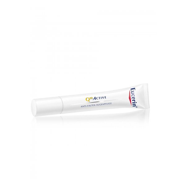 Tube mit Eucerin Q10 Active Anti-Falten Augenpflege, weiß mit blauer und gelber Schrift.
