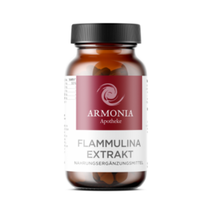 Braune Glasflasche mit schwarzem Deckel, enthält Flammulina-Extrakt, Etikett mit Produktdetails und Markenlogo.