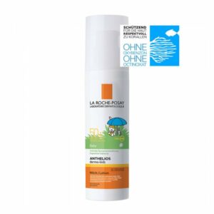 Sonnenschutzlotion für Babys von La Roche-Posay in einem weißen Pumpflakon mit buntem Etikett und kindgerechtem Design.
