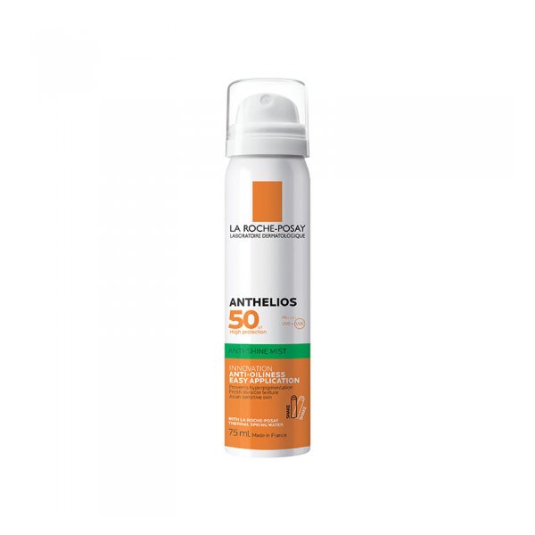 Sprühflasche mit Sonnenschutzmittel der Marke La Roche-Posay, 75 ml, für hohe UV-Schutzleistung und mattierende Eigenschaften.