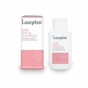 Flasche und Verpackung von Lasepton Baby Bad & Shampoo, mit pflanzlichen Ölen, medizinische Hautpflege.