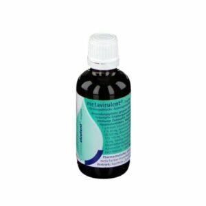 Braune Flasche mit homöopathischen Tropfen, etiketiert mit medizinischen Anwendungshinweisen und Inhaltsstoffen.