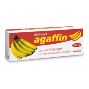 Verpackung von Agaffin Abführgel, 100 ml, mit Bananenillustration und rotem Hintergrund.