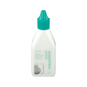 Flasche mit Aknichthol Lotio, einer Suspension mit Wirkstoffen für die Hautpflege, grüner Deckel, 30 g.