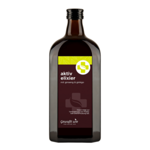 Braune Glasflasche mit schwarzem Schraubverschluss, Etikett in Schwarz und Grün, aktiv elixier mit Ginseng und Ginkgo.