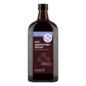 Braune Flasche mit einem Etikett, das "Entspannungselixier mit Baldrian & Melisse" zeigt.