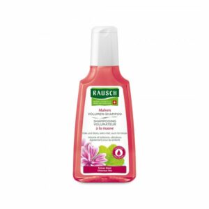 Flasche mit Rausch Malven Volumen-Shampoo, rosa Verpackung mit Aufschrift zu Volumen und Glanz für feines Haar.