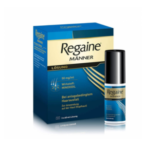 Verpackung von Regaine für Männer, 50 mg/ml Minoxidil, zur Behandlung von Haarausfall, mit einem Pumpfläschchen.