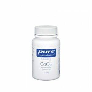 Weißer Flaschenbehälter mit Schraubverschluss, beschriftet mit 'pure encapsulations CoQ10 120 mg'.