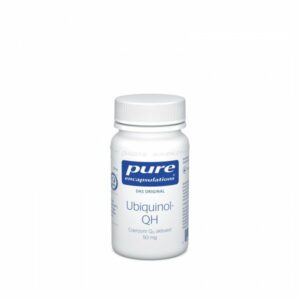 Weißer Flacon mit Schraubverschluss, beschriftet mit 'Ubiquinol-QH' und 'Coenzym Q10 aktiviert'.