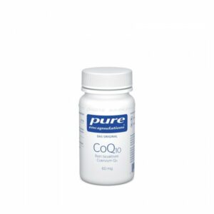 Weißes Fläschchen mit blauer Aufschrift, enthält Coenzym Q10, 60 mg, von Pure Encapsulations.