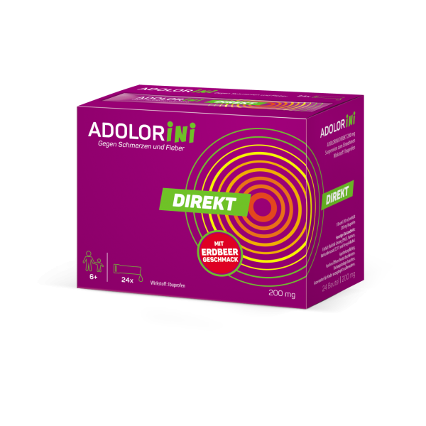 Paket von ADOLORiNI gegen Schmerzen und Fieber, mit Erdbeergeschmack, 200 mg, zur Anwendung für Kinder ab 6 Jahren.