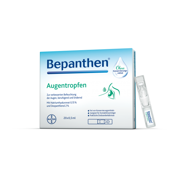Verpackung von Bepanthen Augentropfen mit Hinweis auf Inhaltsstoffe und ohne Konservierungsmittel.