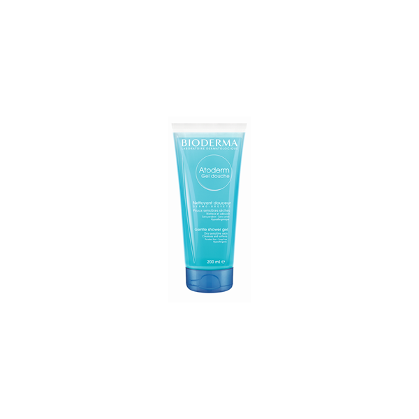 Transparente Tube mit hellblauem Duschgel für empfindliche Haut, mit hypoallergener Formel, 200 ml.