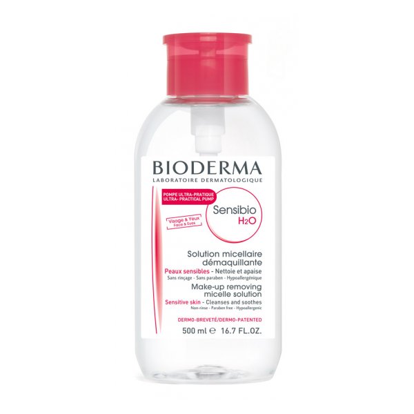 Flasche mit Bioderma Sensibio H2O, Mizellenlösung zur sanften Gesichtsreinigung für empfindliche Haut.