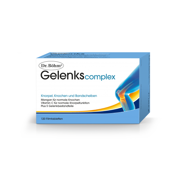 Verpackung des Dr. Böhm Gelenkscomplex mit Informationen zu Inhaltsstoffen für Gelenke und Knochen.