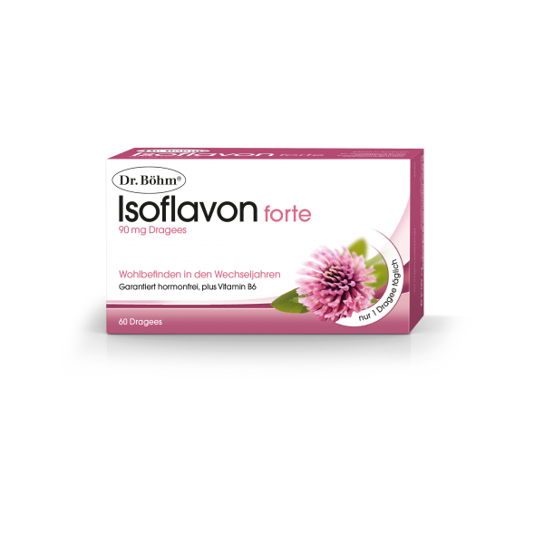 Verpackung von Dr. Böhm Isoflavon forte, 90 mg Dragées, für das Wohlbefinden in den Wechseljahren, mit einer Blüte des Roten Klees.