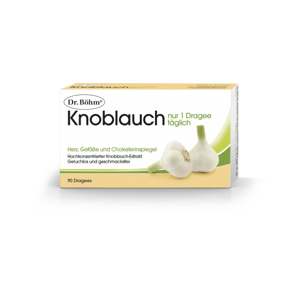Verpackung von Dr. Böhm Knoblauch mit Dragees zur Unterstützung von Herz, Gefäßen und Cholesterinspiegel, geruchlos und geschmackfrei.