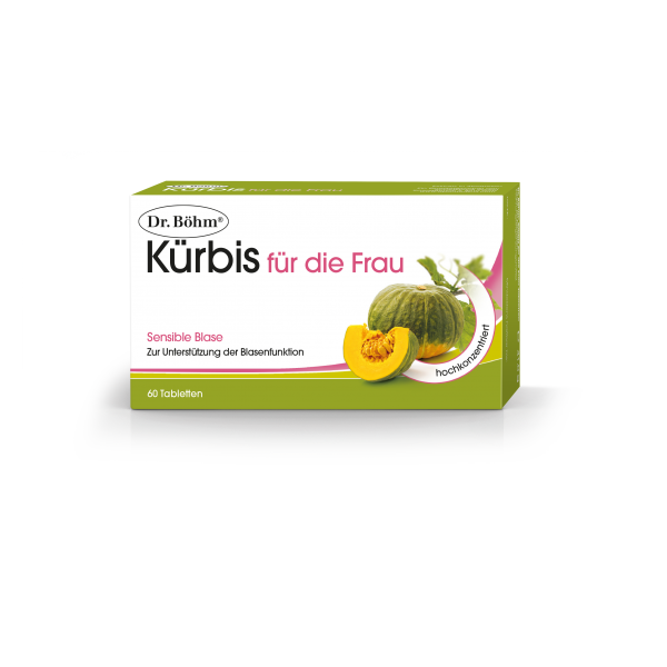 Packung mit Dr. Böhm Kürbis für die Frau, 60 Tabletten, zur Unterstützung der Blasenfunktion, abgebildeter Kürbis auf der Vorderseite.